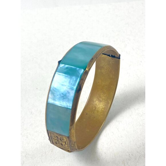 Vintage Turquoise & Brass Hinged Bangle Womens Bracelet - Picture 2 of 5